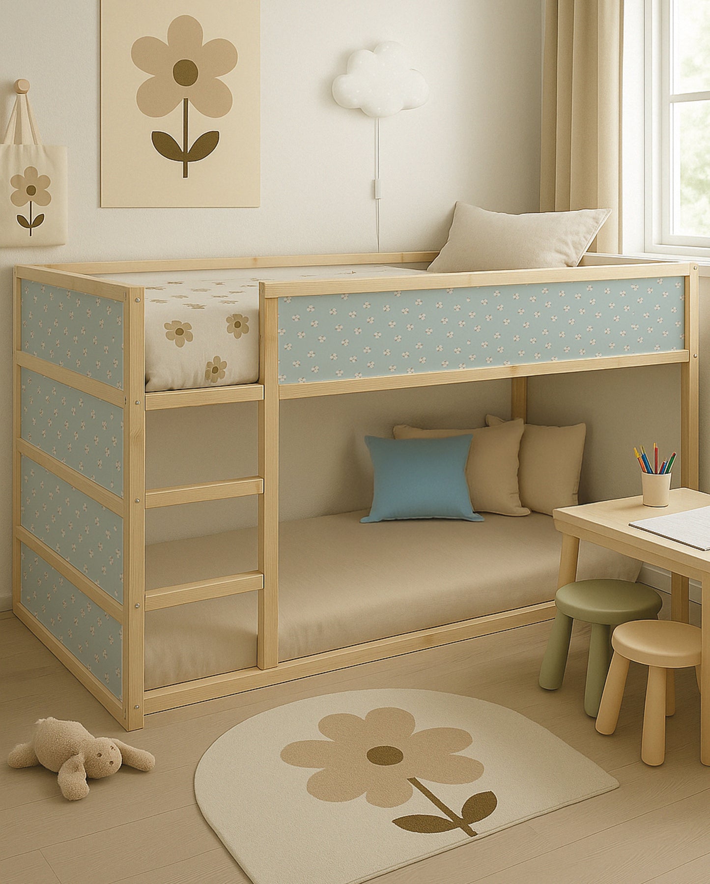 Cama Kura Flores blancas/ celeste